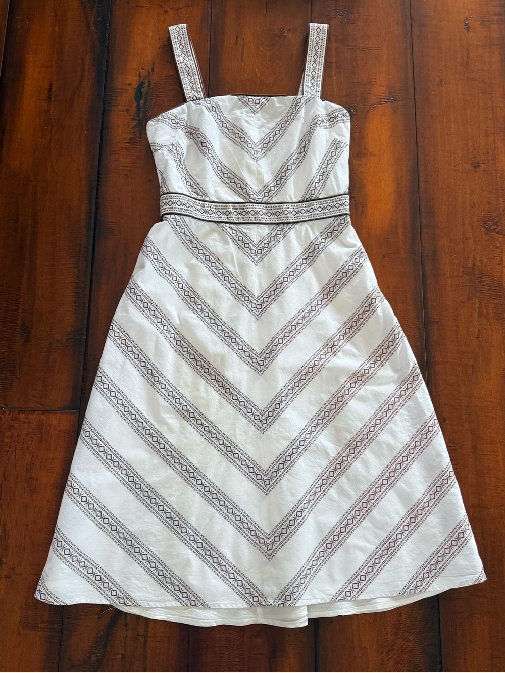 LOFT White Midi Dress with Brown Trim